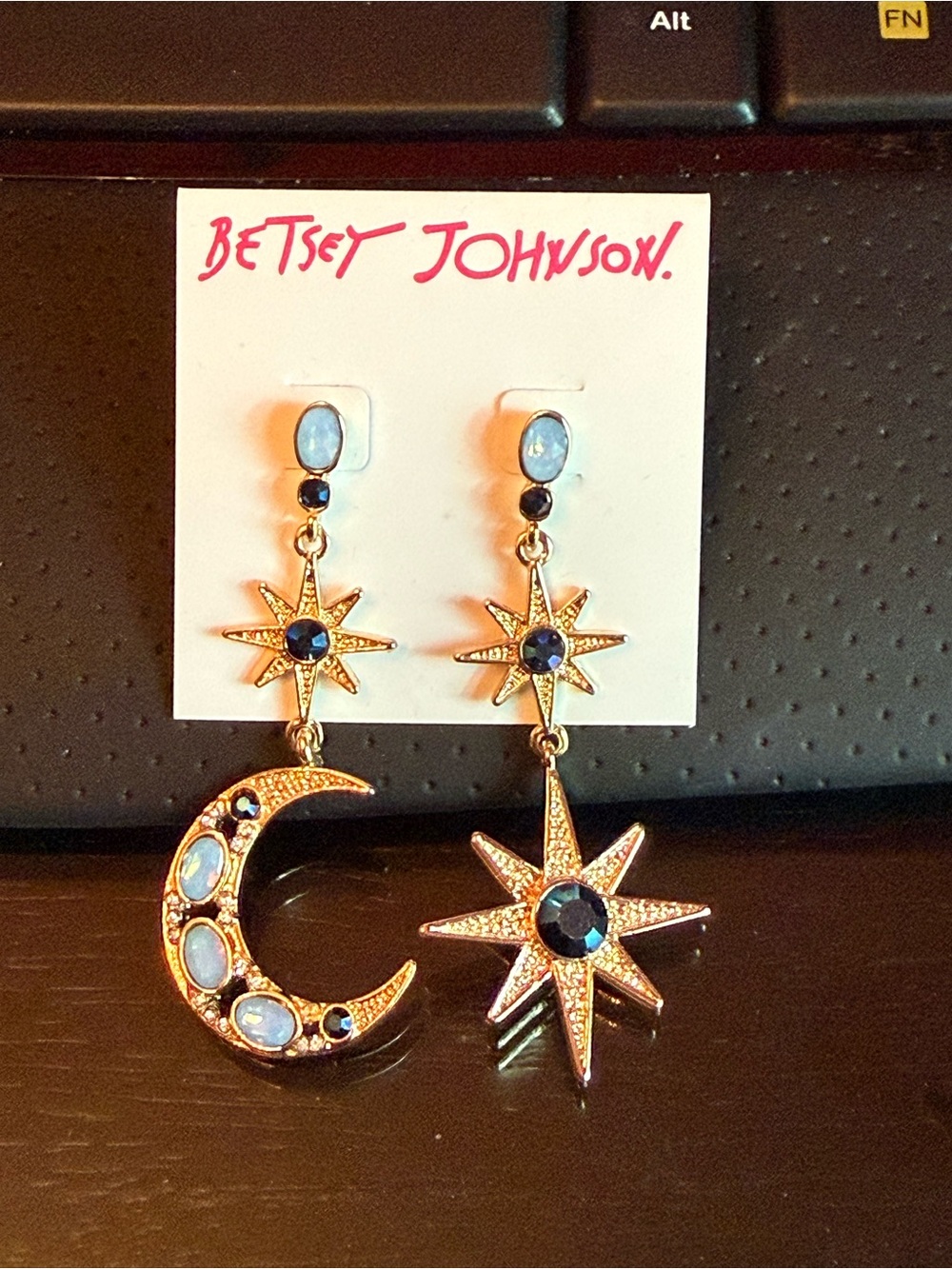 Betsey Johnson Gold-tone Moon & Star Drop Earrings with Blue Stones